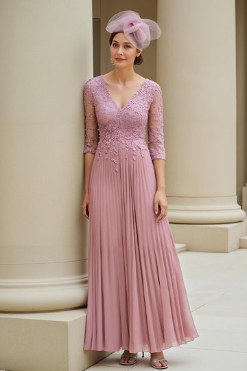 Dusty Rose A-ligne col en V 3/4 manches mère de la mariée robe avec appliques